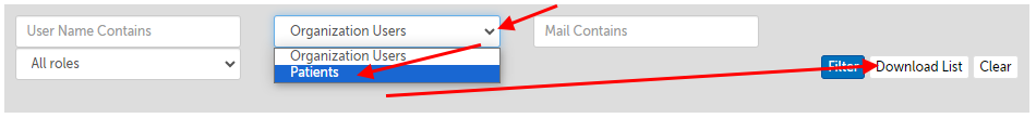 Arrow pointing at dropdown for Organization Users, selecting "Patients", and then clicking "Download List"