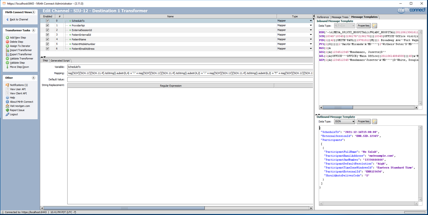 Mirth Channel Editor, showing variable mappings